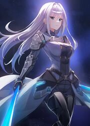  .com_(bot_com1) armor blue_eyes breast_tattoo breasts ethel_(xenoblade) female highres holding holding_sword holding_weapon large_breasts long_hair shoulder_armor solo sword tattoo very_long_hair weapon xenoblade_chronicles_(series) xenoblade_chronicles_3 