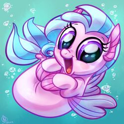  1:1 2018 blue_hair bubble chibi daww digital_media_(artwork) equid european_mythology eyelashes female feral fin fish fish_tail friendship_is_magic greek_mythology hair happy hasbro hi_res hippocampus looking_at_viewer mammal marine my_little_pony mythology open_mouth open_smile pink_body purple_eyes signature silverstream_(mlp) smile solo tongue underwater water whitediamonds wings 