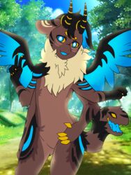  3:4 4_arms anthro blue_tongue claws dreamoriginated featureless_crotch fur_scarf gesture hand_gesture hand_on_hip hi_res horn littlemarshmallowcat male multi_arm multi_eye multi_limb multifur paws rusty_flicker solo tail tail_mouth tongue unusual_anatomy unusual_tail v_sign wings 