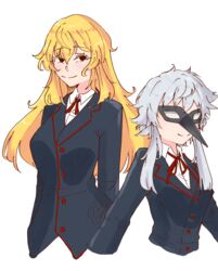  2girls absurdres blonde_hair breasts brown_eyes colored_eyelashes commentary corbeau_(madoka_magica) english_commentary formal grey_hair height_difference highres holy_maiden_academy_school_uniform isabeau_de_baviere_(madoka_magica) jitome large_breasts lizzie-juwunky long_hair magia_record:_mahou_shoujo_madoka_magica_gaiden mahou_shoujo_madoka_magica mahou_shoujo_tart_magica mature_female medium_breasts messy_hair mother_and_daughter multiple_girls official_alternate_costume plague_doctor_mask school_uniform sidelocks signature simple_background smile suit upper_body white_background 