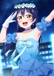  absurdres armpits arms_up blue_dress blue_hair blush choker commentary dress earrings female flower_wreath gloves hair_ornament hand_to_forehead haruharo_(haruharo_7315) head_wreath highres jewelry long_hair looking_at_viewer love_live! love_live!_school_idol_project night open_mouth outdoors outstretched_arms ribbon see-through sleeveless sleeveless_dress smile solo sonoda_umi star_(sky) swept_bangs white_gloves yellow_eyes yume_no_tobira 