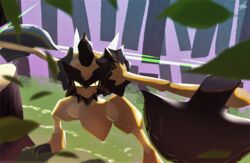  axe blurry chopping closed_mouth commentary_request ewokakukaede falling_leaves grass kleavor leaf no_humans pokemon pokemon_(creature) signature solo standing 