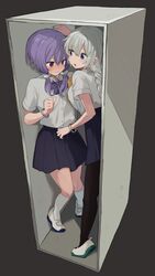  2girls black_background black_skirt blue_eyes blush bracelet breasts collared_shirt commentary embarrassed grey_hair highres in_locker jewelry kizuna_akari locker medium_breasts multiple_girls purple_eyes purple_hair sahata_saba school_uniform shirt short_sleeves simple_background skirt tiptoes vocaloid voiceroid white_shirt yuzuki_yukari 