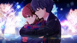  1boy akino_subaru black_coat blue_hair bow bowtie brown_eyes brown_hair closed_mouth coat couple female from_side game_cg gin&#039;iro_haruka green_eyes half-closed_eyes hug hug_from_behind long_hair long_sleeves nashiro_momiji night niimi_yukito open_mouth plaid plaid_scarf red_bow red_bowtie scarf short_hair smile straight upper_body winter 