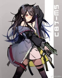  arm_behind_head black_hair black_jacket black_thighhighs c-ms_(girls&#039;_frontline) cbj-ms character_name dress female girls&#039;_frontline grey_background gun hair_between_eyes holding holding_gun holding_weapon jacket korean_commentary long_hair looking_at_viewer mecroty mole mole_under_eye red_eyes single_thighhigh solo submachine_gun thighhighs third-party_source weapon white_dress 