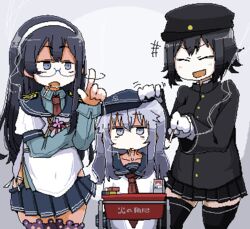  3girls akitsu_maru_(kancolle) akitsu_maru_kai_(kancolle) black_hair black_headwear black_thighhighs blue_headwear blue_skirt cigarette cigarette_pack closed_eyes commentary flat_cap glasses grey_hair hairband hat hibiki_(kancolle) hip_vent jaggy_lines kaeruyama_yoshitaka kantai_collection long_hair long_sleeves lowres military military_uniform mouth_hold multiple_girls necktie ooyodo_(kancolle) ooyodo_kai_(kancolle) open_mouth pale_skin pleated_skirt red_necktie sailor_collar school_uniform serafuku short_hair skirt smoke smoking thighhighs uniform 