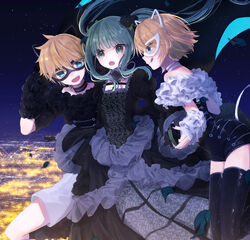  1boy 2girls :q animal_ears aqua_hair black_choker black_dress black_flower black_gloves black_jumpsuit black_legwear black_rose blonde_hair blue_eyes cat_ears choker commentary detached_sleeves dress ebi_(yzpiyo039) fake_animal_ears fangs floating_hair flower gloves gothic_lolita green_eyes hair_flower hair_ornament hatsune_miku holding_hands ivy_cat&#039;s-eye_(module) ivy_tomcat_(module) jumpsuit kagamine_len kagamine_rin layered_dress lolita_fashion long_dress long_hair mask multiple_girls night project_diva_(series) rosa_notte_(module) rose short_hair shorts sky star_(sky) starry_sky thighhighs tongue tongue_out twintails very_long_hair vocaloid white_shorts white_sleeves 