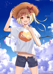  :d alternate_costume arm_up bird blonde_hair blue_shorts blue_sky bow casual clothes_writing cloud contemporary cowboy_shot day fangs female flan_(seeyouflan) flandre_scarlet hairbow hat heart highres legs_apart long_hair looking_at_viewer midriff navel open_fly open_mouth outdoors photoshop_(medium) red_bow red_eyes shirt short_sleeves shorts side_ponytail sky smile solo standing straw_hat summer touhou white_shirt wings 