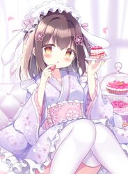  :o animal_ears azumi_kazuki blush breasts brown_eyes brown_hair charlotte_cake commentary_request fake_animal_ears feet_out_of_frame female floral_print food frilled_hairband frilled_sleeves frills fruit fruit_tart hair_ribbon hairband hands_up highres holding holding_food holding_fruit holding_plate japanese_clothes kimono knees_together_feet_apart long_sleeves looking_at_viewer obi one_side_up original parted_lips pie pink_ribbon pink_sash plate print_kimono purple_kimono rabbit_ears ribbon sash small_breasts solo strawberry strawberry_tart tart_(food) thighhighs tiered_tray white_hairband white_thighhighs wide_sleeves 