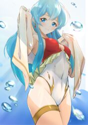  aqua_hair bad_id bad_pixiv_id blue_eyes closed_mouth commentary cosplay deekei earrings eirika_(fire_emblem) female fire_emblem fire_emblem:_the_sacred_stones fire_emblem_heroes highres jewelry long_hair one-piece_swimsuit simple_background solo swimsuit tana_(fire_emblem) tana_(fire_emblem)_(cosplay) tana_(summer)_(fire_emblem) tana_(summer)_(fire_emblem)_(cosplay) towel 