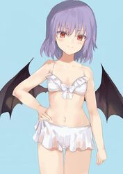  bare_arms bare_shoulders bat_wings blue_background blue_hair blush bow bra collarbone cowboy_shot female flat_chest hair_between_eyes hand_on_own_hip looking_at_viewer miniskirt navel nazuka_(mikkamisaki) no_headwear red_eyes remilia_scarlet short_hair simple_background skirt smile solo standing stomach thighs touhou underwear white_bow white_bra white_skirt wings 