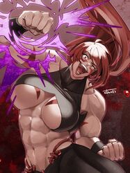  abs biceps body_markings breast_tattoo breasts close-up excited facepaint facial_mark female fuuma_kotarou_(tenkaichi) halterneck long_hair muscular muscular_female open_mouth pants punching red_eyes red_hair revealing_clothes rope_belt signature smile sunsirou tattoo tenkaichi_nihon_saikyou_bugeisha_ketteisen tongue underboob veins 