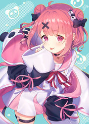  ahoge animal_hood black_bow bow braid choker collarbone commentary double_bun female hair_bun hair_ornament hairbow hood looking_at_viewer nijisanji okanoyuno panda_hair_ornament panda_hood pink_eyes pink_hair pink_sailor_collar red_bow sailor_collar sasaki_saku sasaki_saku_(6th_costume) short_hair skirt solo symbol-only_commentary thigh_strap tongue tongue_out virtual_youtuber x_hair_ornament 