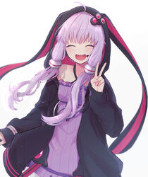  :d black_cardigan cardigan closed_eyes commentary dress ebi_(yzpiyo039) facing_viewer female headset hood hood_up hooded_cardigan long_hair microphone open_cardigan open_clothes open_mouth purple_dress purple_hair simple_background sleeveless sleeveless_dress sleeves_past_wrists smile solo standing v very_long_hair vocaloid white_background yuzuki_yukari 