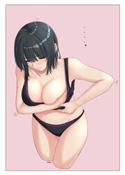  ... adjusting_bra adjusting_breasts adjusting_clothes black_bra black_hair black_panties border bra breasts commentary_request cowboy_shot cropped_legs female highres jouzaburou_(joe3) kantai_collection large_breasts leaning_forward panties pink_background red_eyes short_hair solo takao_(kancolle) underwear white_border 