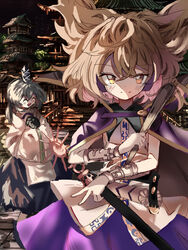  2girls ^_^ architecture black_headwear blonde_hair cape closed_eyes closed_mouth commentary_request cowboy_shot east_asian_architecture grey_hair hair_between_eyes hands_in_opposite_sleeves hat highres holding long_sleeves looking_at_viewer medium_hair mononobe_no_futo multiple_girls open_mouth outdoors pointy_hair print_shirt purple_cape purple_skirt sheath sheathed shirt skirt sleeveless sleeveless_shirt smile sutaku77224 tate_eboshi touhou toyosatomimi_no_miko wide_sleeves yellow_eyes 