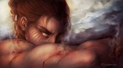  1boy biceps brown_hair close-up covered_mouth eren_yeager facial_mark fallen_angel_(painting) fine_art_parody from_side furrowed_brow green_eyes half_updo highres male_focus medium_hair muscular muscular_male outstretched_arm parody rain_(rainonmeart) shingeki_no_kyojin single_tear solo steaming_body three_quarter_view twitter_username wavy_hair 