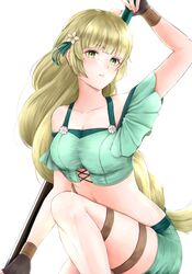  aplche blonde_hair breasts cleavage closed_mouth commentary_request female fingerless_gloves fire_emblem fire_emblem:_three_houses fire_emblem_heroes flower gloves green_eyes hair_flower hair_ornament highres holding ingrid_brandl_galatea ingrid_brandl_galatea_(summer) long_hair medium_breasts polearm simple_background solo swimsuit thigh_strap weapon white_background 