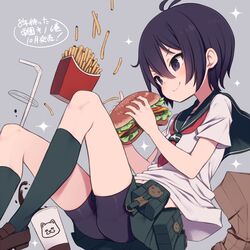  antenna_hair bag belt belt_pouch bendy_straw bike_shorts brown_footwear burger closed_mouth commentary_request cup disposable_cup drinking_straw fast_food feet_out_of_frame female food french_fries gakuen_kino gamuo grey_background hair_between_eyes holding holding_food kino_(kino_no_tabi) kino_no_tabi kneehighs knees_up loafers looking_away midriff_peek navel neckerchief paper_bag pleated_skirt pouch purple_eyes purple_hair red_neckerchief school_uniform serafuku shoes short_hair shorts shorts_under_skirt sitting skirt smile socks solo sparkle spilling utility_belt 