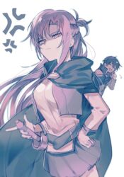  1boy angry asuna_(sao) belt belt_buckle black_hair braid breasts brown_eyes brown_hair buckle cloak closed_eyes closed_mouth commentary female gaaamtyyy grey_cloak hair_between_eyes holding holding_sword holding_weapon kirito long_hair long_sleeves looking_at_viewer medium_breasts open_mouth rapier shaded_face sheath sheathed short_hair sidelocks simple_background skirt smile solo_focus sweat sword sword_art_online very_long_hair weapon white_background 