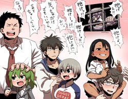  3girls 4boys black_hair blush breasts brown_eyes business_suit clothes_writing coat commentary crossover dark-skinned_female dark_skin ear_blush facial_hair formal fujiko_f_fujio_(style) glasses goatee green_eyes green_hair grey_hair grin hachiouji_naoto hair_between_eyes hair_ornament hairclip hood hoodie huge_breasts igarashi_futaba_(shiromanta) ijiranaide_nagatoro-san medium_hair multiple_boys multiple_crossover multiple_girls nagatoro_hayase no_socks nostaljii oerba_yun_fang office_lady overcoat raglan_sleeves romaji_text sakurai_shin&#039;ichi senpai_ga_uzai_kouhai_no_hanashi short_hair skin_fang smile straight stubble sugoi_dekai suit sweatdrop takeda_harumi_(shiromanta) tan thick_eyebrows trait_connection translated uchuu_ika urashima_takichi uzaki-chan_wa_asobitai! uzaki_hana 