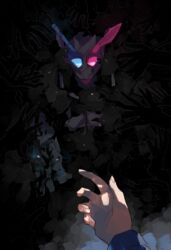  2boys arm_up black_background blue_eyes character_request chikichi commentary_request dark disembodied_hand from_above glowing glowing_eyes helmet heterochromia highres kamen_rider kamen_rider_build kamen_rider_build_(series) long_sleeves looking_at_viewer male_focus multiple_boys pink_eyes pov rabbit+tank_form_(black_hazard) reaching reaching_towards_viewer sinking straight-on 