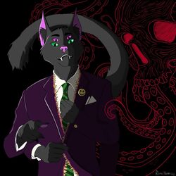  4_arms 4_eyes anthro cat_demon clothing cuff_links green_eyes green_necktie hi_res male multi_arm multi_eye multi_limb necktie nick_nocturne night_mind pocket_square purple_clothing purple_eyes purple_suit remoblockade smiley_face solo suit teeth_showing 