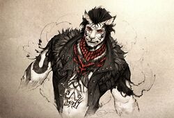  absurd_res anthro biped clothing facial_markings fangs felid feline final_fantasy final_fantasy_xiv fur fur_markings head_markings hi_res hrothgar jacket male mammal markings red_eyes s_anima solo square_enix striped_body striped_face striped_fur stripes studded_leather teeth topwear white_body white_fur 