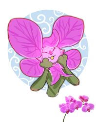  absurd_res ambiguous_gender anthro cheek_tuft closed_eyes elemental_creature facial_tuft flora_fauna flower flower_(anatomy) green_body hand_on_cheek hi_res lagomorph leporid mammal open_mouth open_smile orchid_(flower) pedals petals plant rabbit simple_background smile solo tuft xing1 