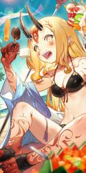  apple apple_slice banner barefoot beach bikini black_bikini black_nails blonde_hair blurry blush breasts cherry cleavage commentary_request depth_of_field dutch_angle facial_mark fangs fate/grand_order fate_(series) female fingernails food front-tie_bikini_top front-tie_top fruit fudgesicle highres horns ibaraki_douji_(fate) ibaraki_douji_(swimsuit_lancer)_(fate) ibaraki_douji_(swimsuit_lancer)_(first_ascension)_(fate) ice_cream kiwi_(fruit) kiwi_slice kodama_(wa-ka-me) light_rays long_fingernails long_hair looking_at_viewer medium_breasts navel oni open_mouth outdoors pink_hair pocky pointy_ears popsicle sharp_fingernails sitting sky solo spread_legs strawberry sunbeam sundae sunlight swimsuit tattoo teeth toes tongue watermelon yellow_eyes 