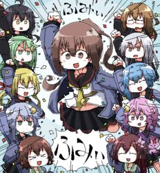  &gt;_&lt; 6+girls arm_up black_hair black_sailor_collar black_serafuku black_skirt blonde_hair blue_hair blush brown_eyes brown_hair clenched_hand closed_eyes commentary confetti crescent crescent_hair_ornament emphasis_lines fumizuki_(kancolle) fumizuki_kai_ni_(kancolle) glasses green_eyes green_hair grey_hair hair_ornament jaggy_lines kaeruyama_yoshitaka kantai_collection kikuzuki_(kancolle) kisaragi_(kancolle) kisaragi_kai_ni_(kancolle) long_hair long_sleeves low_twintails lowres mikazuki_(kancolle) minazuki_(kancolle) mochizuki_(kancolle) multiple_girls mutsuki_(kancolle) mutsuki_kai_ni_(kancolle) nagatsuki_(kancolle) neckerchief open_mouth pink_hair pleated_skirt ponytail purple_hair red-framed_eyewear red_eyes sailor_collar satsuki_(kancolle) school_uniform serafuku short_hair short_hair_with_long_locks skirt translation_request twintails uzuki_(kancolle) v-shaped_eyebrows yayoi_(kancolle) yellow_eyes yellow_neckerchief zzz 