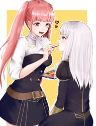  2girls aplche applying_makeup bad_id bad_twitter_id belt commentary_request fire_emblem fire_emblem:_three_houses garreg_mach_monastery_uniform highres hilda_valentine_goneril long_hair long_sleeves lysithea_von_ordelia multiple_girls open_mouth pink_eyes pink_hair simple_background sitting twintails uniform white_hair 