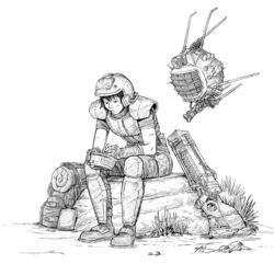  armor backpack bag bangs black_hair boots bowl closed_mouth commentary ed-e energy_gun english_commentary fallout_(series) fallout_new_vegas female fingerless_gloves flask floating gloves grass greyscale ground gun helmet holding holding_bowl knee_pads laser_rifle levitation line_art looking_down mcnostril monochrome pants robot shirt short_hair short_sleeves shoulder_armor simple_background sitting_on_rock solo weapon white_background 