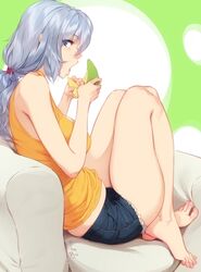  barefoot blue_eyes breasts cantaloupe couch eating english_commentary feet feguimel female food from_side fruit full_body grey_hair hair_between_eyes hands_up highres holding knees_up large_breasts legs legs_together looking_at_viewer melon melon_slice open_mouth orange_tank_top original ponytail shadow short_shorts shorts signature sitting solo tank_top thighs toes torn_clothes torn_shorts 