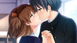  1boy akino_subaru black_jacket blurry blurry_background brown_eyes brown_hair couple eye_contact female game_cg gin&#039;iro_haruka green_eyes grey_hair holding_hands imminent_kiss indoors interlocked_fingers jacket looking_at_another medium_hair nashiro_momiji niimi_yukito one_side_up short_hair straight upper_body 