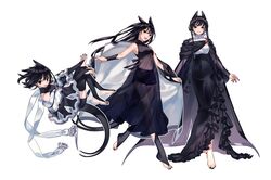  :d age_progression animal_ears arms_at_sides bare_shoulders barefoot binggu black_cape black_dress black_eyes black_hair black_legwear black_nails black_shorts bridal_gauntlets bridal_legwear cape collared_shirt covered_navel dress female floating floating_hair forked_tail frilled_dress frills full_body hair_ribbon halterneck highres holding holding_clothes korean_commentary layered_clothes layered_dress long_dress long_hair long_sleeves looking_at_viewer multiple_views nail_polish navel no_shoes off_shoulder original outline outstretched_arms poncho ribbon scarf see-through shirt short_hair shorts side_slit sidelocks sideways_glance simple_background sleeveless sleeveless_dress smile standing straight_hair tail toenail_polish toenails updo walking white_background white_outline white_scarf white_shirt wrist_cuffs 