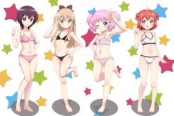  4girls absurdres akaza_akari black_bra black_hair black_panties blonde_hair blue_eyes blush bow bra breasts brown_eyes closed_mouth collarbone commission double_bun full_body funami_yui hair_bobbles hair_bun hair_ornament hairbow hand_on_own_hip highres kiniro_tofu long_hair looking_at_viewer multiple_girls navel one_eye_closed open_mouth panties pink_bra pink_hair pink_panties pixiv_commission purple_eyes red_hair short_hair small_breasts smile standing toshinou_kyouko twintails underwear underwear_only v white_bra white_panties yoshikawa_chinatsu yuru_yuri 