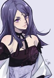  bad_id bad_pixiv_id bare_shoulders black_bow bow choker collarbone commentary detached_sleeves drag-on_dragoon drag-on_dragoon_3 dress eyelashes facial_mark female forehead_mark hair_ornament hairclip kokomi_(aniesuakkaman) long_hair parted_lips purple_dress purple_eyes purple_hair ribbon_choker roman_numeral signature solo three_(drag-on_dragoon) 