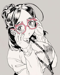  :o alternate_costume blush breasts cat_hair_ornament copyright_name female glasses greyscale hair_behind_ear hair_ornament highres lanyard large_breasts looking_up mole mole_above_eye monochrome olverse original parted_bangs poch4n solo spot_color sweater timid_office_lady_(poch4n) 