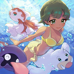  air_bubble bad_id bad_pixiv_id barefoot beauty_(pokemon) bikini blush breasts bubble cleavage closed_mouth collarbone commentary_request female freediving goldeen green_eyes green_hair light_rays navel pokemon pokemon_(creature) pokemon_lgpe seel shellder short_hair smile swimming swimsuit toes tom_(pixiv10026189) underwater yellow_bikini 