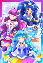  3girls :d ;) animal_ear_fluff animal_ears black_choker blue_eyes blue_gloves blue_hair blue_jacket cat_ears cat_tail choker closed_eyes collarbone crown cure_cosmo cure_gelato cure_macaron earrings elbow_gloves floating_hair food-themed_hair_ornament gloves gold_crown hair_between_eyes hair_intakes hair_ornament hanzou highres in-franchise_crossover jacket jewelry kirakira_precure_a_la_mode kotozume_yukari layered_skirt lion_ears lion_tail long_hair looking_at_viewer macaron_hair_ornament mini_crown miniskirt multicolored_clothes multicolored_skirt multiple_girls oerba_yun_fang one_eye_closed open_mouth paw_pose pointed_crown precure purple_choker purple_eyes purple_hair purple_tail red_skirt short_sleeves skirt smile species_connection star_twinkle_precure tail tategami_aoi very_long_hair white_gloves yuni_(precure) 