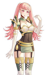  :o absurdres armor bare_shoulders breastplate breasts chloe_(fire_emblem) chloe_(fire_emblem)_(cosplay) cleavage commission cosplay covered_navel elbow_gloves female fire_emblem fire_emblem:_three_houses fire_emblem_engage garter_straps gloves highres hilda_valentine_goneril large_breasts long_hair pegasus_knight_uniform_(fire_emblem) pink_eyes pink_hair saikunartworks shoulder_armor simple_background skin_tight twintails white_background white_gloves zettai_ryouiki 