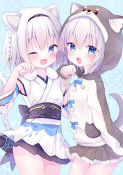  2girls :d absurdres aged_down animal_ears animal_hood bell black_hairband blue_bow blue_eyes blush bow braid brown_hoodie cowboy_shot detached_sleeves fake_animal_ears fangs fur_collar hairband highres hood hood_up hoodie japanese_clothes kohaku_nene la_peche_party long_sleeves looking_at_viewer miniskirt momochi_chia multiple_girls official_alternate_costume one_eye_closed pleated_skirt signature skirt smile tail tail_raised thighs virtual_youtuber white_hair 