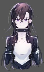  1boy androgynous armor black_clothes black_hair black_jacket breastplate closed_mouth collar collared_jacket commentary gaaamtyyy grey_background hair_between_eyes highres jacket kirito kirito_(sao-ggo) long_hair long_sleeves looking_at_viewer male_focus otoko_no_ko purple_eyes sidelocks simple_background smile solo sword_art_online upper_body 