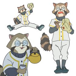  1:1 ambiguous_gender anthro arai_rascal baseball_(sport) baseball_uniform brand_new_animal clothing earthpigments female_(lore) hi_res mammal procyonid raccoon simple_background solo sport sportswear studio_trigger uniform white_background 