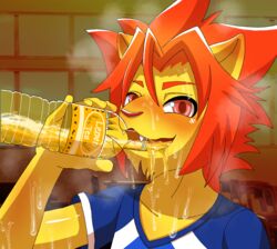  absurd_res anthro beverage blush bodily_fluids bottle clothing container drinking drinking_urine felid genital_fluids hi_res lion looking_at_viewer male mammal morenatsu nako pantherine solo soutarou_(morenatsu) urine urine_as_food urine_in_bottle urine_in_mouth watersports 