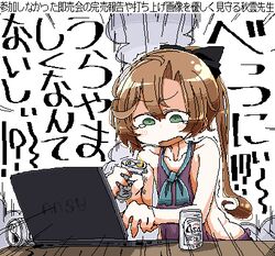  akigumo_(kancolle) alcohol beer beer_can black_ribbon blue_neckwear blush brown_hair can commentary computer dress drink_can emphasis_lines female green_eyes hair_ribbon holding holding_can jaggy_lines kaeruyama_yoshitaka kantai_collection laptop long_hair lowres open_mouth ponytail purple_dress ribbon sleeveless sleeveless_dress solo tears translation_request 