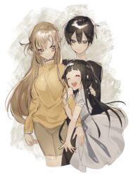  1boy 2girls age_difference asuna_(sao) black_clothes black_eyes black_hair blush breasts brown_eyes brown_hair brown_pants brown_sweater closed_eyes closed_mouth commentary dress facing_viewer family gaaamtyyy grey_background grey_dress hair_between_eyes hand_on_another&#039;s_shoulder happy height_difference highres holding holding_another&#039;s_arm kirito light_brown_hair lolicon long_hair long_sleeves looking_at_another medium_breasts multiple_girls open_mouth pants short_hair short_sleeves sidelocks simple_background smile standing sweat sweater sword_art_online teeth turtleneck very_long_hair white_background yui_(sao) 