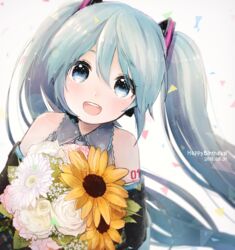  2018 :d black_sleeves blue_eyes blue_hair bouquet collared_shirt commentary dated detached_sleeves ebi_(yzpiyo039) female floating_hair flower grey_shirt hair_between_eyes happy_birthday hatsune_miku headphones headset holding holding_bouquet long_hair looking_at_viewer microphone open_mouth rose shirt sleeveless sleeveless_shirt smile solo sunflower upper_body very_long_hair vocaloid white_background white_flower white_rose wing_collar yellow_flower 