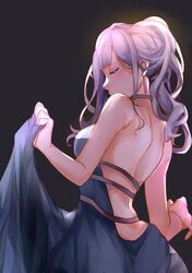  absurdres ak-12_(girls&#039;_frontline) ak-12_(quiet_azure)_(girls&#039;_frontline) back backless_dress backless_outfit bare_arms bare_shoulders black_background blue_dress blush breasts closed_eyes commentary_request dress earrings evening_gown female from_behind from_below from_side girls&#039;_frontline grey_hair hair_up halter_dress halterneck highres jewelry leichi6 long_hair official_alternate_costume skirt_hold solo updo 